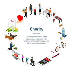 Charity Donation Funding Concept Banner Card Circle 3d Isometric View. Vector