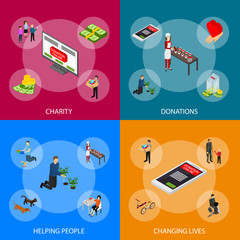 Charity Donation Funding Banner Set 3d Isometric View. Vector