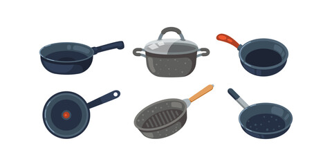 Frying pan vector icons set. Kitchen pots and different pans isolated on white background. - obrazy, fototapety, plakaty