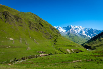 Fototapeta na wymiar Ushguli landscape with mount Shkhara in the back in Svaneti region, Georgia.
