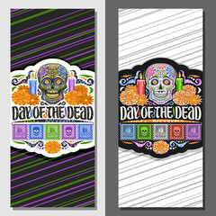 Vector layouts for Day of the Dead, decorative coupons with illustration of creepy skull, burning candles, orange flowers, colorful greeting flags, voucher with original type for words day of the dead