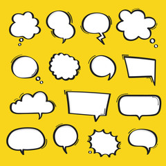 Super set hand drawn speech bubbles isolated on yellow background. Vector graphic design