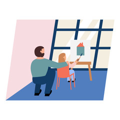 Cute pair of father and daughter spending time together - drawing a house. Happy fatherhood. Flat cartoon vector illustration