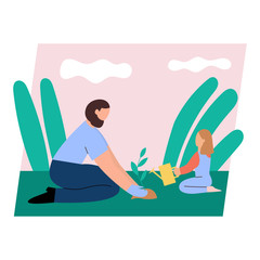Cute pair of father and daughter spending time together - planting tree, gardening. Happy fatherhood. Flat cartoon vector illustration