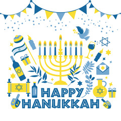 Jewish holiday Hanukkah greeting card traditional Chanukah symbols - wooden dreidels spinning top and Hebrew letters, donuts, menorah candles, oil jar, star David illustration.