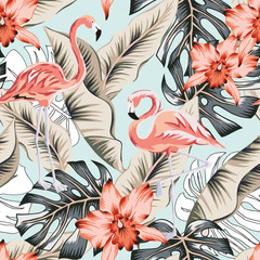 Tropical pink flamingo, orchid flowers, banana, monstera palm leaves, light blue background. Vector seamless pattern. Jungle illustration. Exotic plants, birds. Summer floral design. Paradise nature