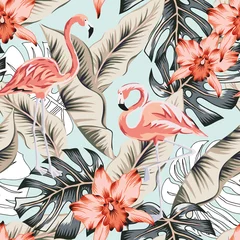 Wall murals Orchidee Tropical pink flamingo, orchid flowers, banana, monstera palm leaves, light blue background. Vector seamless pattern. Jungle illustration. Exotic plants, birds. Summer floral design. Paradise nature