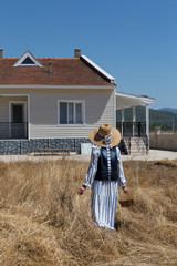 the woman wearing dress and wicker hat and carrying basket looking at he house in the yellowed grassy field in the village.