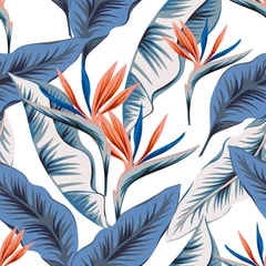Peel and stick wall murals Paradise tropical flower Tropical strelitzia flowers, blue banana palm leaves, white background. Vector seamless pattern. Jungle foliage illustration. Exotic plants. Summer beach floral design. Paradise nature