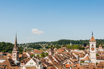 Schaffhausen, Altstadt, Altstadthäuser, Stadt, St. Johann, Münsterkirche, Kirche, Munot, Rhein, Ostschweiz, Sommer, Schweiz