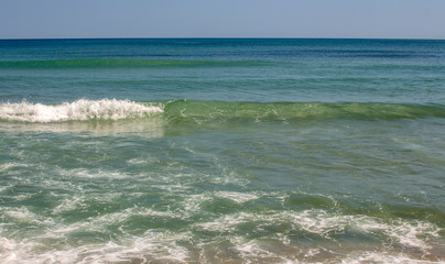 Beautiful Black Sea colors on the beach near the mouth of the Kamchia River in August. Black Sea, Bulgaria.
