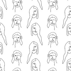 Modern seamless pattern with linear abstract woman face. Continuous line art. One line drawing. Minimalist graphic.