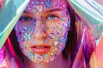 Futuristic portrait of pretty teenage girl with crystals on her face and holographic foil around
