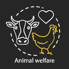 Animal welfare, care chalk concept icon. Voluntary wildlife protection idea. Heart symbol, chicken and cow vector isolated chalkboard illustration. Veterinary clinic, domestic pet shelter logo