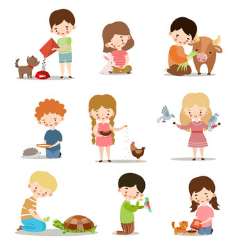 Set with kids feeding and taking care of wild and pet animals. Raster illustration in flat cartoon style