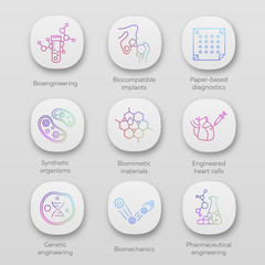 Bioengineering app icons set. Biotechnology. Molecular biology, biomedical and molecular engineering. UI/UX user interface. Web or mobile applications. Vector isolated illustrations