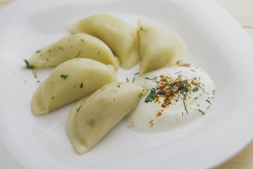 Plate with tasty dumplings on light background