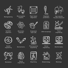 Bioengineering chalk icons set. Biotechnology for health and comfort. New methods of diseases diagnosis and treatment, genetic engineering, ai. Isolated vector chalkboard illustrations