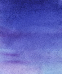 Abstract watercolor background on texture paper. Bright saturated deep blue color. The shades of violet. Imitation of the evening or morning sky. Hand drawn