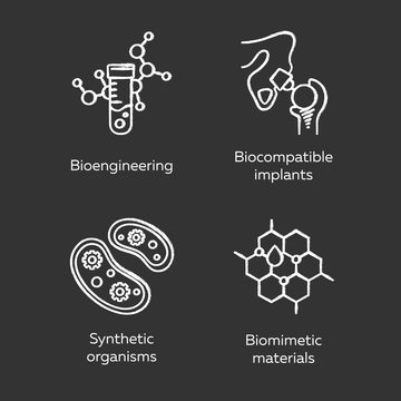 Bioengineering chalk icons set. Biotechnology for health, evolutionary researching, new materials creating. Biochemistry, GMO, implantation. Isolated vector chalkboard illustrations