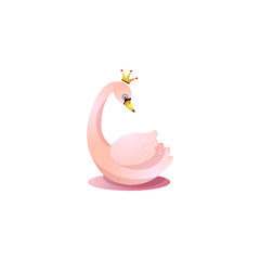 Cute pink princess swan with a crown.Raster illustration in the flat cartoon style