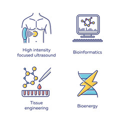 Biotechnology color icons set. Bioengineering. High intensity focused ultrasound, bioinformatics, tissue engineering, bioenergy. Technologies for studying and treatment. Isolated vector illustrations