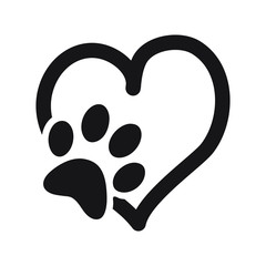 Paw print with heart, Animal love symbol, isolated vector