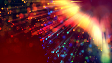 Obraz premium 3d abstract beautiful background with colorful glowing particles, depth of field and bokeh effect. Abstract explosion of multicolored shiny particles or light rays like laser show.