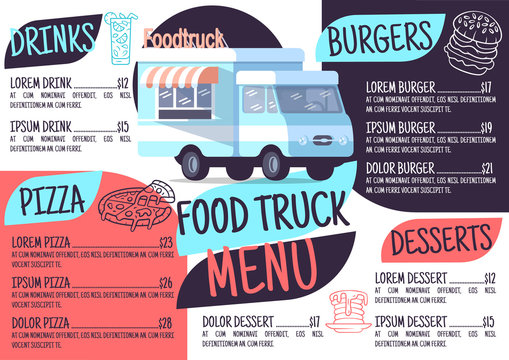 Food truck menu template. Print design with flat icons. Concept vector illustrations. Restaurant, cafe banner, flyer brochure page with food prices layout