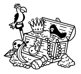 Fototapeta premium Vector Outline Black And White Drawing Of The Open Treasure Chest With Gold, Coins, Diamonds, Crown, Skull, Pearl Necklace, Pirate Hat And A Parrot Bird