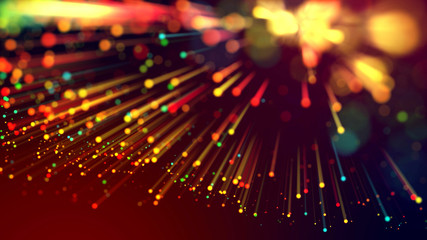 3d abstract beautiful background with colorful glowing particles, depth of field and bokeh effect. Abstract explosion of multicolored shiny particles or light rays like laser show. © Green Wind