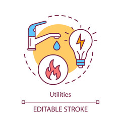 Household utilities concept icon. Public services, water, electricity supply idea thin line illustration. Natural gas, apartment heating system. Vector isolated outline drawing. Editable stroke