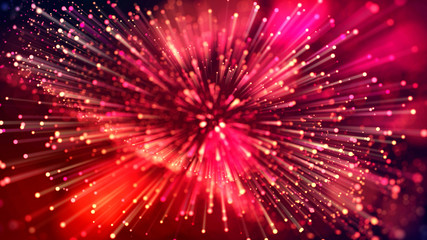Fototapeta premium 3d abstract beautiful background with colorful glowing particles, depth of field and bokeh effect. Abstract explosion of multicolored shiny particles or light rays like laser show.