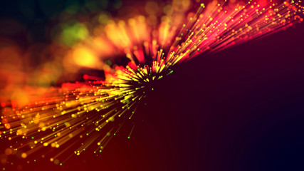 3d abstract beautiful background with colorful glowing particles, depth of field and bokeh effect. Abstract explosion of multicolored shiny particles or light rays like laser show.