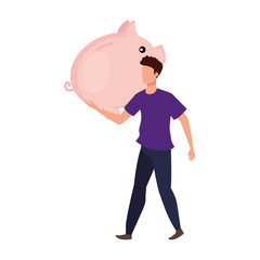 young man with piggy savings character