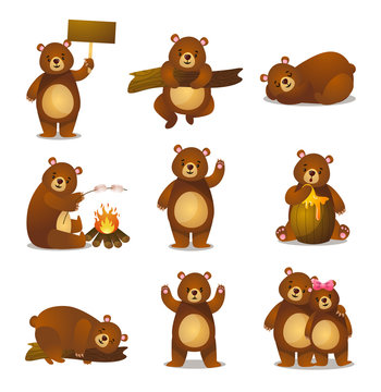Cute funny cartoon set friendly bear in different activities