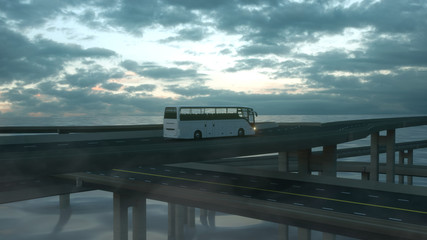 Fototapeta premium Tourist white bus on the road. Touristic and travel concept. 3d rendering