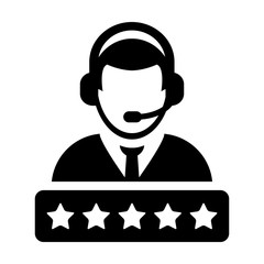 5 Star rating icon vector male support customer care service person profile avatar with a headphone for online assistant in glyph pictogram illustration