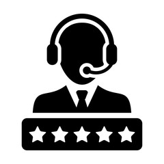 Technical support icon vector male customer support service person profile avatar with a headphone and a star rating for online assistant in glyph pictogram illustration
