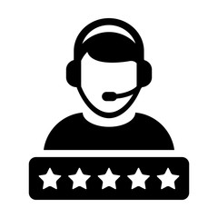 Appraisal icon vector male support customer care service person profile avatar with a headphone and a star rating for online assistant in glyph pictogram illustration