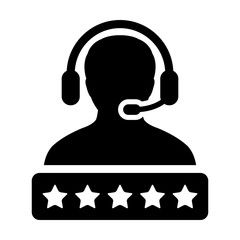 Feedback icon vector male support customer care service person profile avatar with a headphone and a star rating for online assistant in glyph pictogram illustration