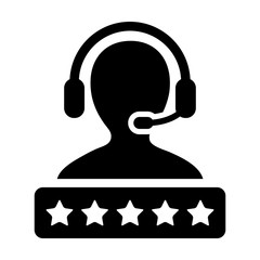 Service icon vector male customer care support person profile avatar with a headphone and a star rating for online assistant in glyph pictogram illustration