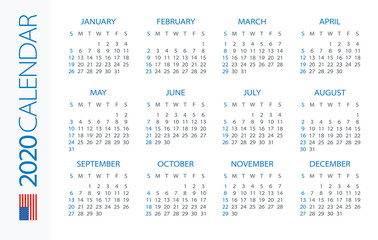 Calendar 2020 Horizontal - illustration. American version. Week starts on Sunday