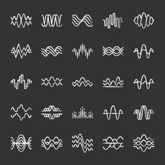 Fototapeta na wymiar Sound and audio waves chalk icons set. Music digital curve soundwaves. Voice recording, radio signals. Noise amplitudes level. Abstract waveforms, wavy lines. Isolated vector chalkboard illustrations