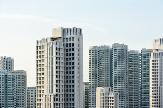 Blue skyline of apartments