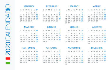 Calendar 2020 Horizontal - illustration. Italian version
