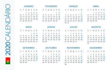 Calendar 2020 Horizontal - illustration. Portuguese version