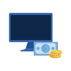 desktop computer with bills and coins