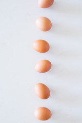 row of brown eggs on white background