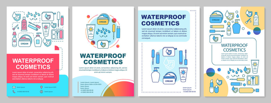 Waterproof cosmetics, makeup, skincare brochure template layout. Flyer, booklet, leaflet print design with linear illustrations. Vector page layouts for magazines, annual reports, advertising posters